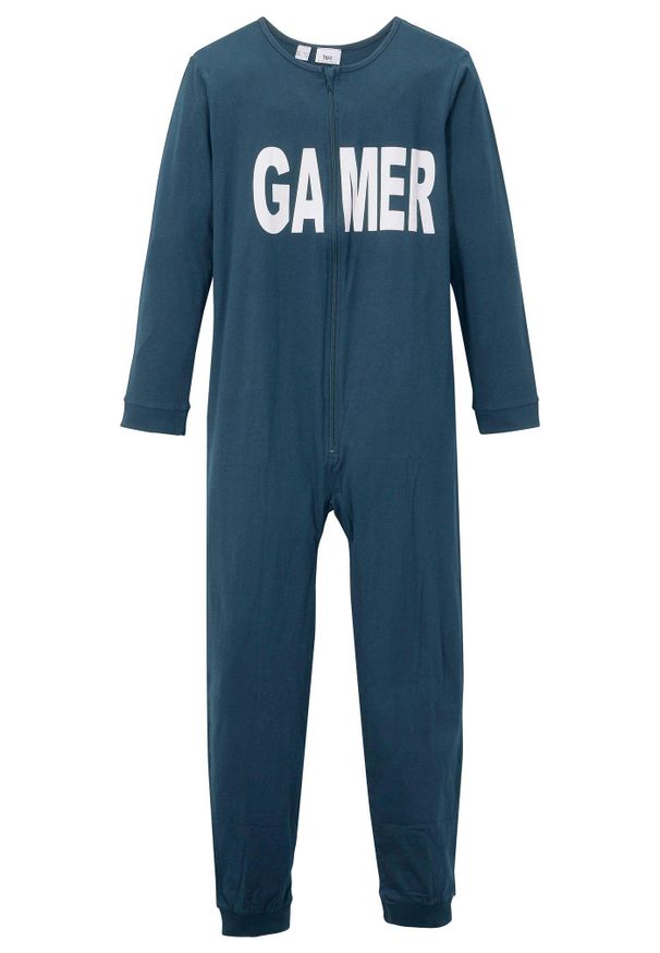 bonprix - Piżama jednoczęściowa z czystej bawełny organicznej. Kolor: niebieski. Materiał: bawełna. Wzór: nadruk, napisy