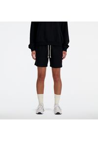 Spodenki damskie New Balance WS41508BK – czarne. Stan: podwyższony. Kolor: czarny. Materiał: bawełna, dresówka. Długość: krótkie. Wzór: ze splotem #1