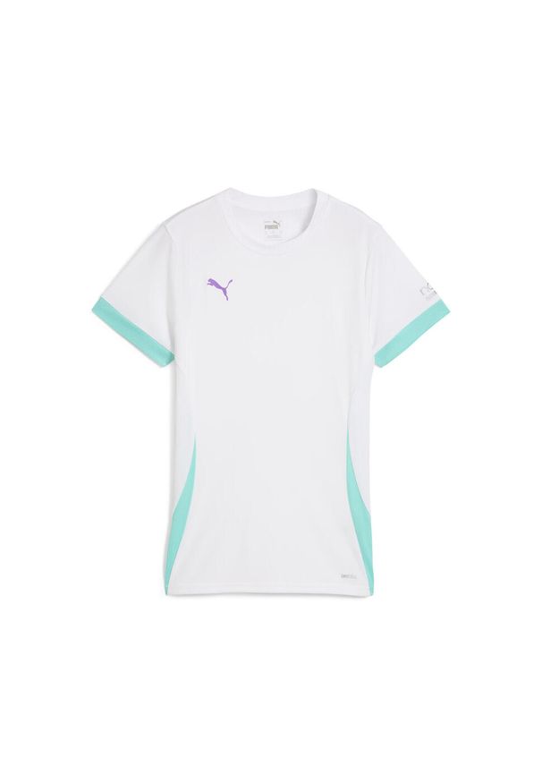 Puma - Damska koszulka do padla INDIVIDUAL PUMA White Purple Glimmer Aquatic Green. Kolor: biały, zielony, wielokolorowy, fioletowy. Wzór: nadruk