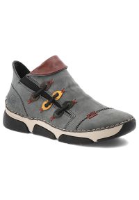 Botki damskie Rieker, antistress gruba podeszwa ozdobna cholewka ocieplane i na suwak, niebieskie, 45983-14. Okazja: na co dzień. Zapięcie: sznurówki. Kolor: szary. Materiał: syntetyk, materiał. Szerokość cholewki: normalna. Wzór: kolorowy. Styl: casual #1
