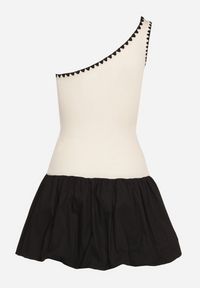 Born2be - Beżowa Asymetryczna Sukienka o Kroju Bombki z Kontrastującą Lamówką Amoiane. Okazja: na co dzień. Kolor: beżowy. Materiał: poliester. Typ sukienki: asymetryczne, bombki. Styl: casual, elegancki #2