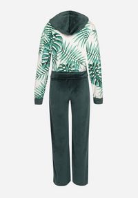 Born2be - Ciemnozielony Komplet Dresowy z Weluru Bluza z Kapturem z Ozdobnym Wzorem i Spodnie Grouvia. Kolor: zielony. Materiał: dresówka, welur #7