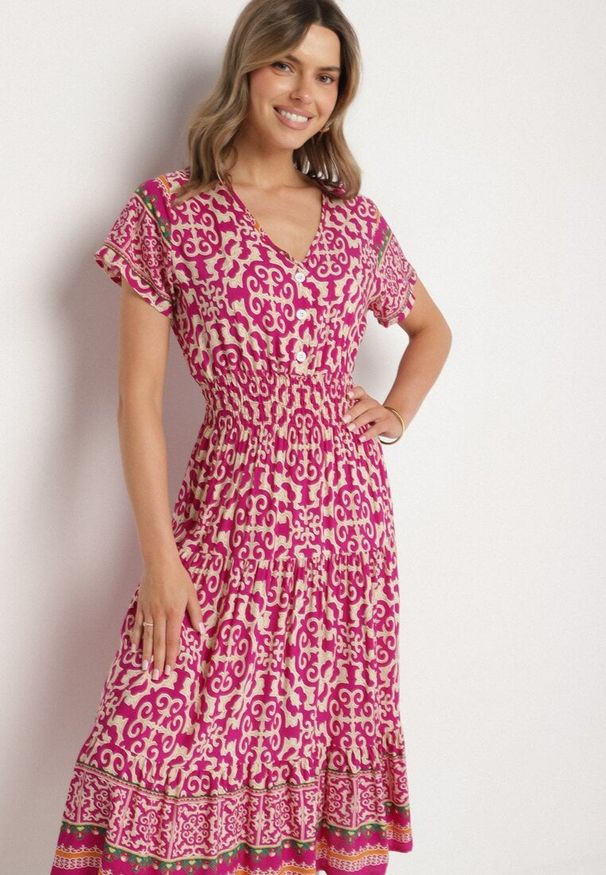 Born2be - Fioletowa Bawełniana Sukienka z Guzikami i Ornamentnym Wzorem Zisselle. Kolor: fioletowy. Materiał: bawełna