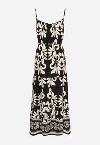 Born2be - Czarno-Biała Wiskozowa Sukienka na Ramiączkach z Wiązaniem i Broszką Marizena. Okazja: na co dzień, na spacer. Typ kołnierza: dekolt kwadratowy. Kolor: czarny. Materiał: wiskoza. Długość rękawa: na ramiączkach. Styl: casual, elegancki #5