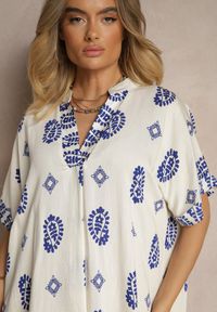 Renee - Niebiesko-Kremowa Sukienka z Wiskozy w Stylu Boho o Pudełkowym Kroju z Rozcięciami Virbia. Okazja: na co dzień. Typ kołnierza: dekolt w serek. Kolor: niebieski. Materiał: wiskoza. Długość rękawa: krótki rękaw. Styl: boho #5