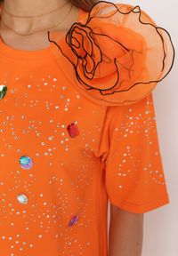 Born2be - Pomarańczowa Bluzka z Bawełny Ozdobiona Kwiatami Cyrkoniami i Kryształkami Leonea. Kolor: pomarańczowy. Materiał: bawełna. Wzór: aplikacja, kwiaty