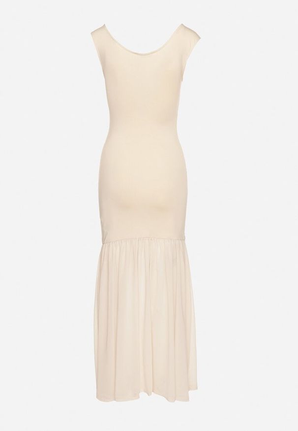 Born2be - Beżowa Koktajlowa Sukienka z Wiskozą Ozdobiona Marszczeniem Galapina. Okazja: na imprezę. Kolor: beżowy. Materiał: wiskoza. Wzór: aplikacja. Styl: wizytowy