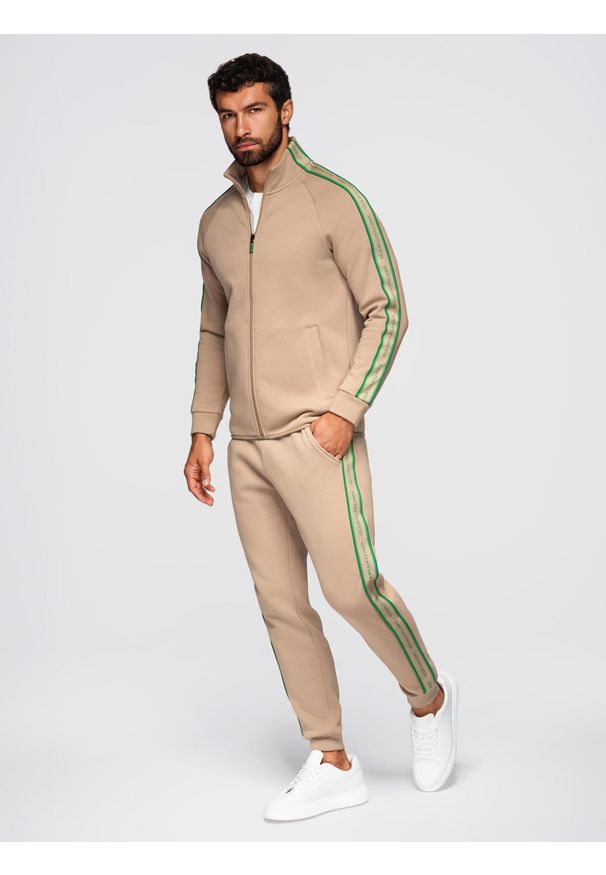 Ombre Clothing - Komplet dresowy męski bluza rozpinana + spodnie dresowe joggery - jasnobrązowy V1 - Rozmiar: XL. Okazja: na co dzień, do pracy, na spacer. Typ kołnierza: kołnierzyk stójkowy. Kolor: brązowy. Materiał: dresówka. Styl: casual, sportowy