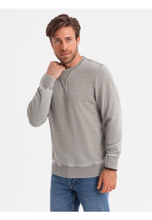 Ombre Clothing - Washowana bluza męska z ozdobnym przeszyciem przy dekolcie - beżowa V2 - Rozmiar: XXL. Kolor: beżowy. Materiał: jeans, materiał, poliester, bawełna. Wzór: haft