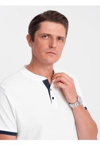 Ombre Clothing - Koszulka męska polo bez kołnierzyka - biała V1 - Rozmiar: L. Typ kołnierza: polo, bez kołnierzyka. Kolor: biały. Materiał: bawełna. Długość: długie