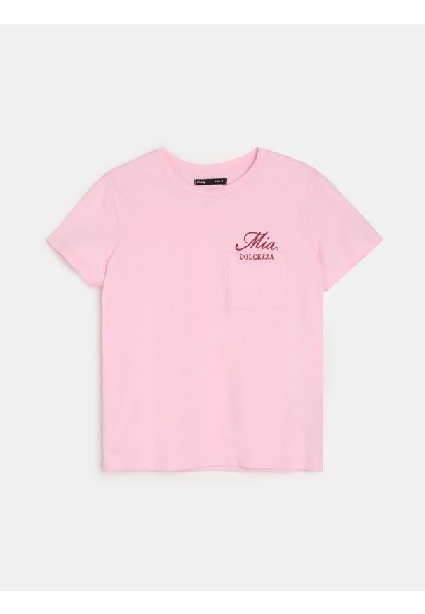Sinsay - Bawełniana koszulka z haftowanym napisem - begonia. Materiał: bawełna. Wzór: napisy, haft