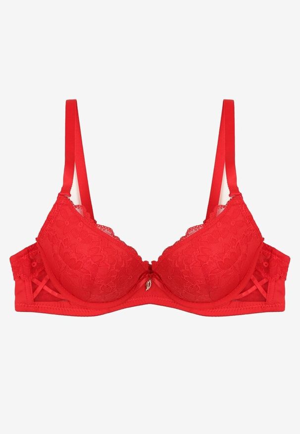 Born2be - Czerwony Koronkowy Biustonosz Ozdobiony Kokardką Ezanzee. Kolor: czerwony. Materiał: koronka. Rodzaj stanika: różne sposoby noszenia, odpinane ramiączka. Wzór: aplikacja