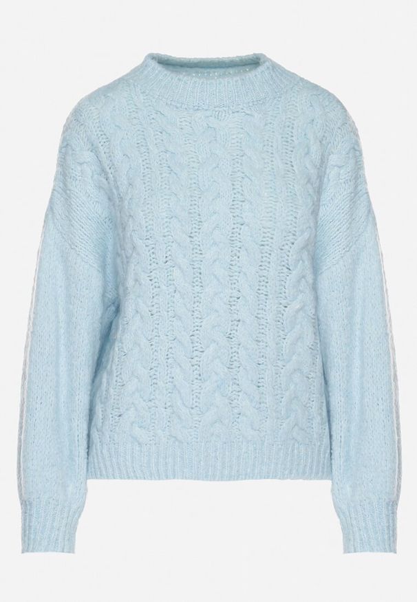 Born2be - Niebieski Sweter z Wełną Zdobiony Warkoczowym Splotem Lakkaria. Okazja: na co dzień. Kolor: niebieski. Materiał: wełna. Długość rękawa: długi rękaw. Długość: długie. Wzór: aplikacja, ze splotem. Styl: elegancki, casual