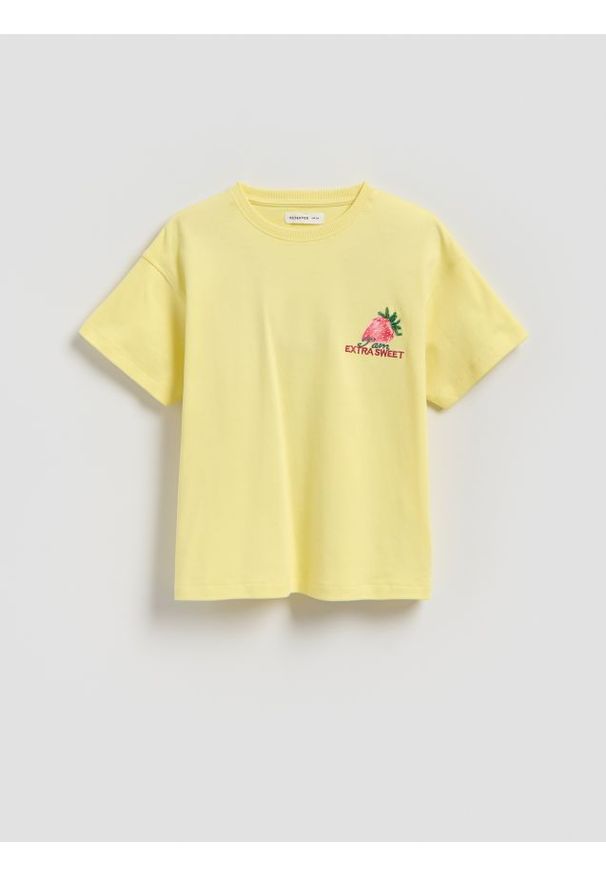 Reserved - Bawełniany t-shirt z aplikacją - jasnożółty. Kolor: żółty. Materiał: bawełna. Wzór: aplikacja