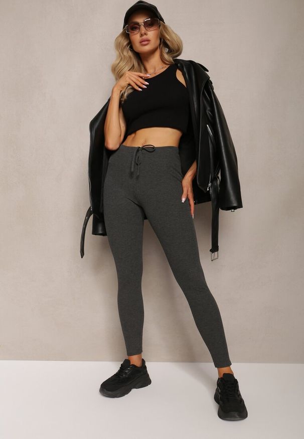 Renee - Ciemnoszare Legginsy ze Sznurkiem w Pasie z Elastycznej Bawełny Herccena. Kolor: szary. Materiał: bawełna