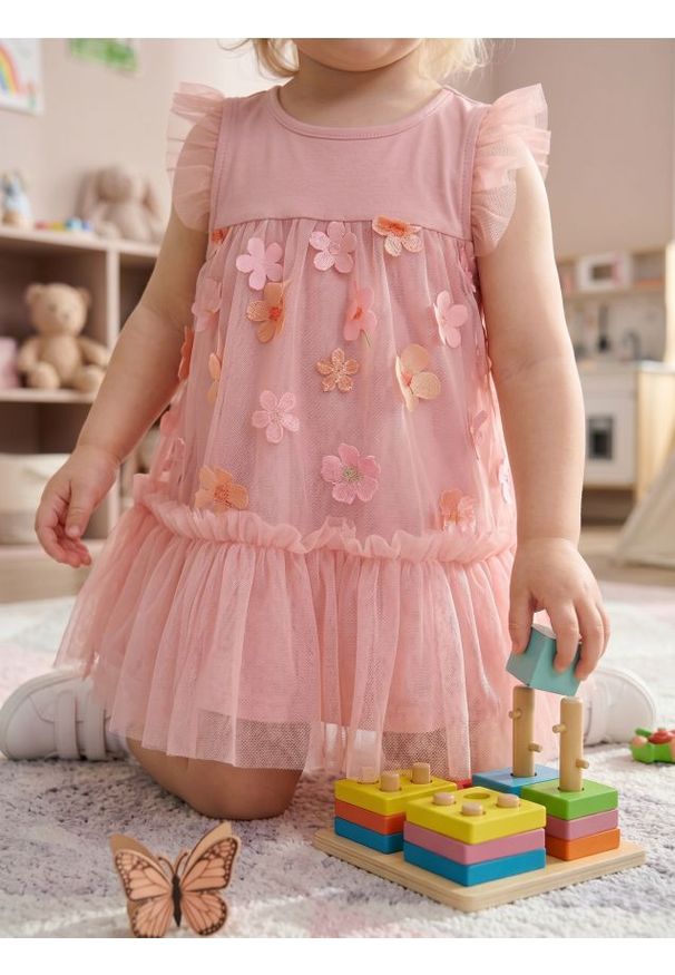 Sinsay - Tiulowa sukienka babydoll z elementami 3D - różowy. Kolor: różowy. Materiał: tiul