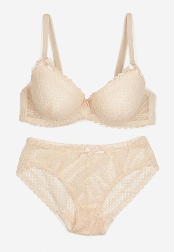 Born2be - Beżowy Komplet Koronkowy Biustonosz Full Cup i Majtki Figi Irithiana. Kolor: beżowy. Materiał: koronka. Wzór: koronka, aplikacja