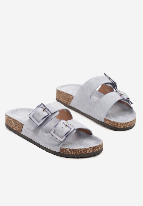 Renee - Niebieskie Klapki na Korkowej Platformie z Klamrami Teloniel. Okazja: na co dzień, na spacer. Kolor: niebieski. Materiał: jeans. Sezon: lato. Obcas: na platformie. Styl: casual