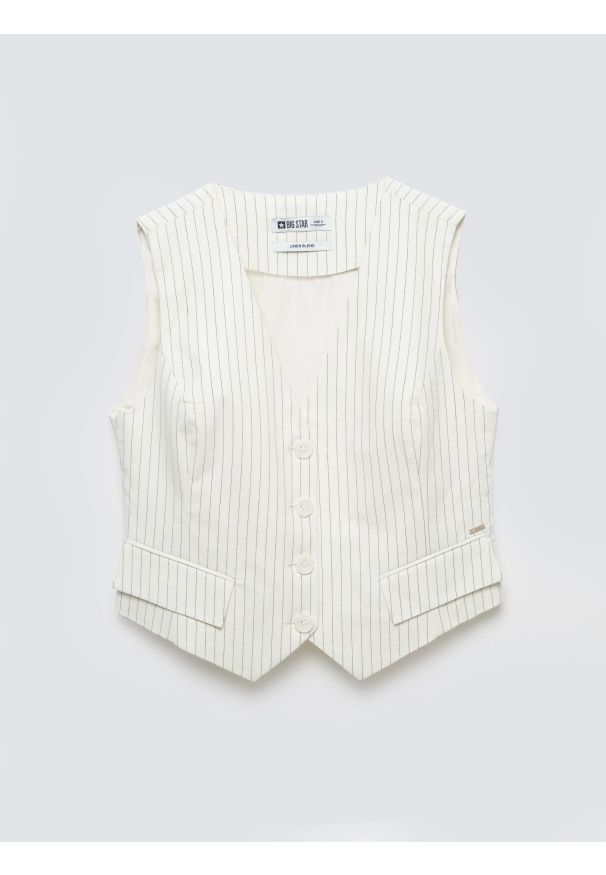 Big-Star - Kamizelka damska garniturowa lniana w prążek kremowa Kinniav 102. Okazja: do pracy, na co dzień, na spotkanie biznesowe. Kolor: kremowy. Materiał: len. Wzór: prążki. Styl: elegancki, biznesowy, casual