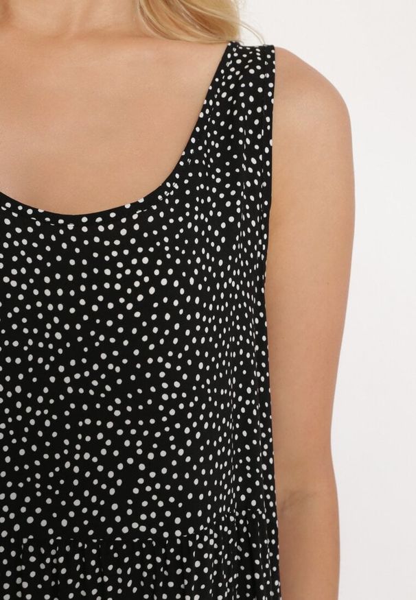 Born2be - Czarno-Biała Rozkloszowana Bawełniana Sukienka na Ramiączkach z Falbanami Tesly. Okazja: na spacer, na co dzień. Kolor: czarny. Materiał: bawełna. Długość rękawa: na ramiączkach. Sezon: lato. Typ sukienki: rozkloszowane, proste. Styl: casual