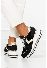Casu - Czarne sneakersy na koturnie buty sportowe sznurowane casu bk220. Kolor: czarny, wielokolorowy, złoty. Obcas: na koturnie