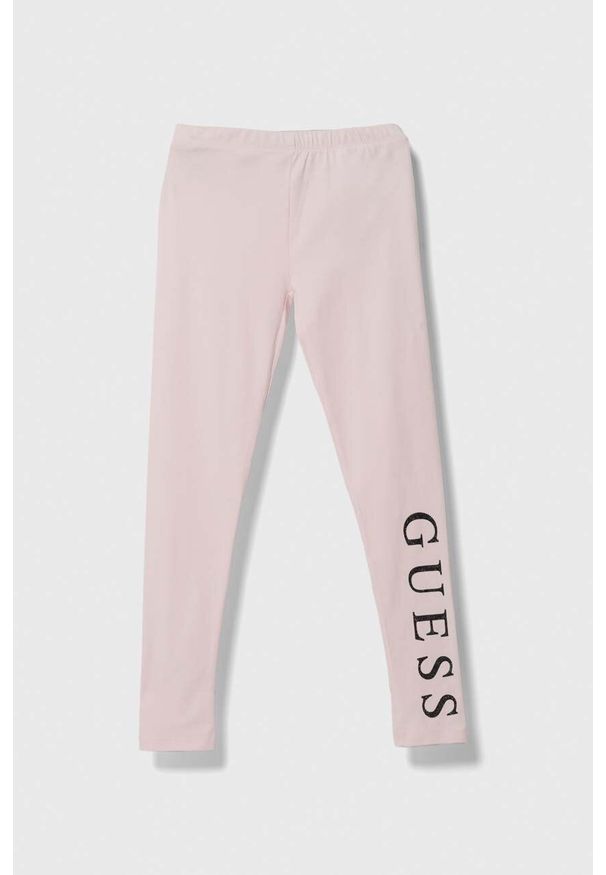 Guess legginsy dziecięce kolor różowy z nadrukiem. Kolor: różowy. Materiał: dzianina. Wzór: nadruk