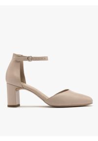 Ryłko - Beżowe czółenka z paskiem wokół kostki. Nosek buta: okrągły. Zapięcie: pasek. Kolor: beżowy. Materiał: skóra. Obcas: na obcasie. Styl: street. Wysokość obcasa: średni #1