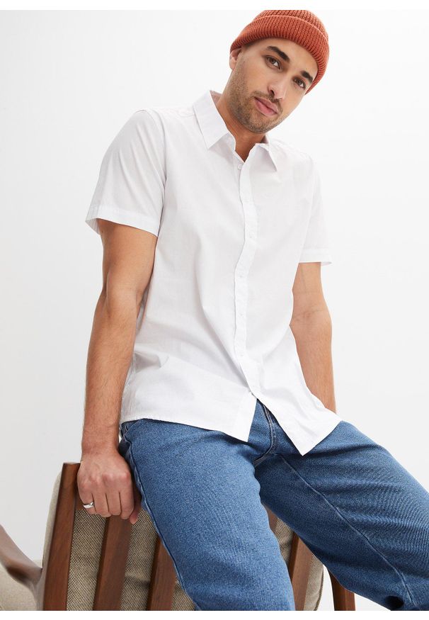 bonprix - Koszula z krótkim rękawem, ze stretchem, slim fit. Kolor: biały. Materiał: materiał. Długość rękawa: krótki rękaw. Długość: krótkie