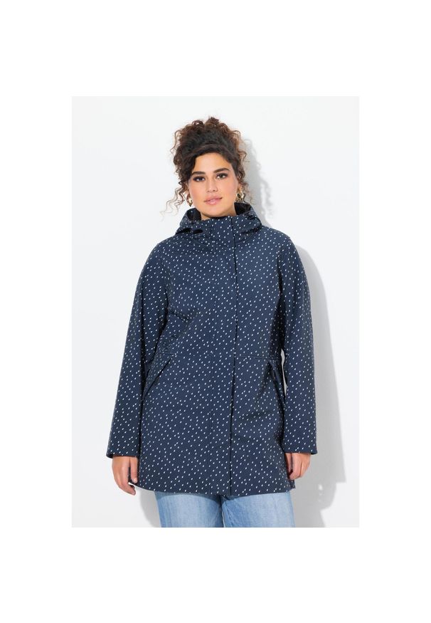 ULLA POPKEN - Damskie Długa kurtka softshell wodoodporna wzór z kroplami deszczu kaptur. Kolekcja: plus size. Kolor: niebieski. Materiał: poliester, materiał, elastan. Długość: długie. Sport: turystyka piesza