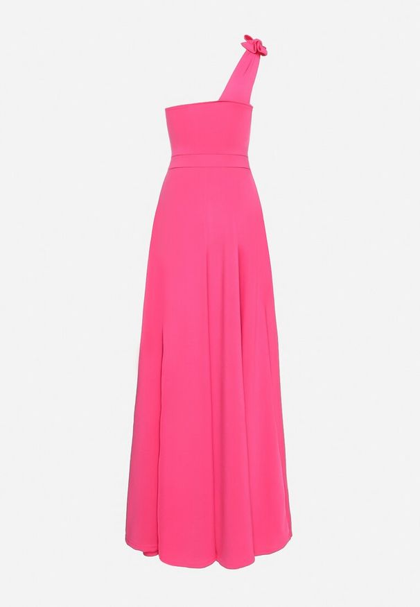 Born2be - Fuksjowa Rozkloszowana Sukienka z Asymetryczną Górą i Wiązaniem na Ramieniu z Rozcięciem Efirey. Okazja: na wesele, na ślub cywilny, na studniówkę. Kolor: różowy. Materiał: tkanina. Typ sukienki: asymetryczne. Styl: klasyczny