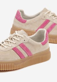 Born2be - Beżowo-Fuksjowe Skórzane Sneakersy Klasyczne Tenisówki z Zamszu Naturalnego Teniresela. Okazja: na co dzień. Kolor: beżowy. Materiał: zamsz, skóra #5
