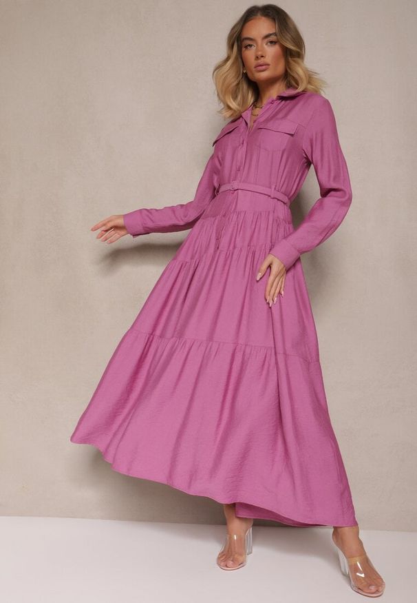 Renee - Fioletowa Rozkloszowana Sukienka z Wiskozy z Guzikami i Paskiem Ronesa. Okazja: na co dzień. Kolor: fioletowy. Materiał: wiskoza. Typ sukienki: proste. Styl: elegancki, casual