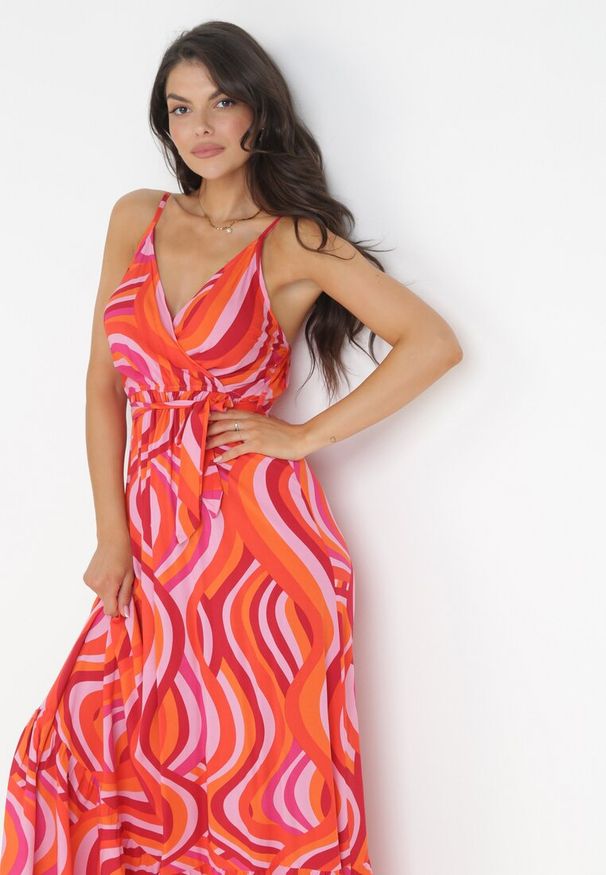 Born2be - Pomarańczowa Wiskozowa Sukienka Maxi na Ramiączkach z Gumką i Paskiem w Talii Annanise. Kolor: pomarańczowy. Materiał: wiskoza. Długość rękawa: na ramiączkach. Typ sukienki: kopertowe. Długość: maxi