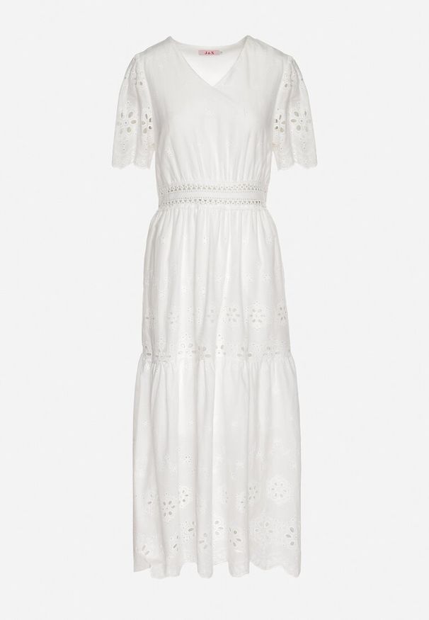 Born2be - Biała Bawełniana Sukienka Boho o Rozkloszowanym Kroju Zdobiona Haftem Efrissea. Okazja: na imprezę. Typ kołnierza: dekolt w serek. Kolor: biały. Materiał: bawełna. Długość rękawa: krótki rękaw. Wzór: aplikacja, haft. Sezon: lato. Styl: boho