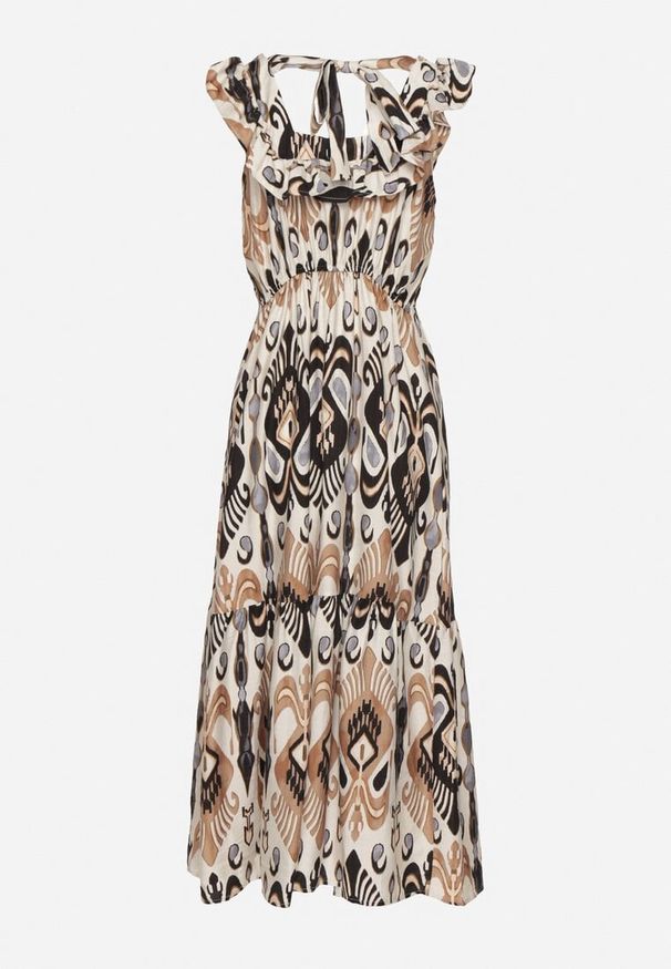 Born2be - Czarna Rozkloszowana Sukienka z Wiskozą Wiązana na Plecach w Print Boho Turielia. Okazja: na spacer. Kolor: czarny. Materiał: wiskoza. Długość rękawa: na ramiączkach. Wzór: nadruk. Sezon: lato. Styl: boho