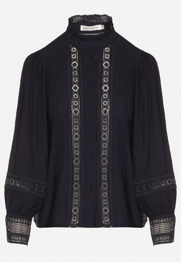 Born2be - Granatowa Koszula ze Stójką i Koronką Argochis. Typ kołnierza: kołnierzyk stójkowy. Kolor: niebieski. Materiał: koronka. Wzór: koronka