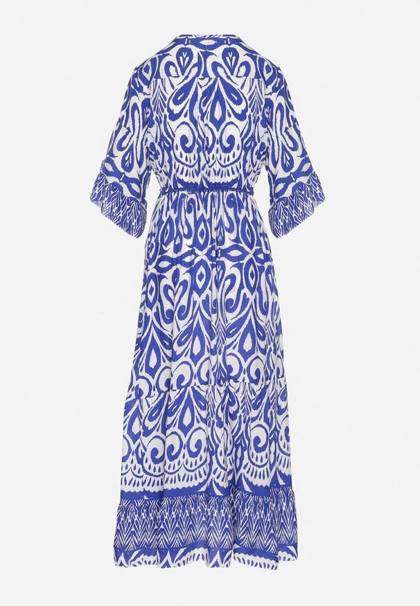 Born2be - Niebieska Sukienka Bawełniana w Ornamentalny Wzór z Gumką w Talii Orrielle. Okazja: na co dzień. Typ kołnierza: dekolt w serek. Kolor: niebieski. Materiał: bawełna. Typ sukienki: sportowe. Styl: casual, sportowy