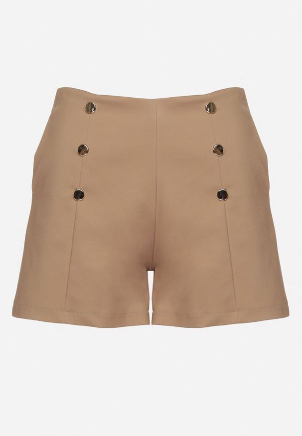 Born2be - Ciemnobeżowe Szorty z Bawełny z Wysokim Stanem i Ozdobnymi Guzikami Sepirene. Okazja: na co dzień. Stan: podwyższony. Kolor: beżowy. Materiał: bawełna. Sezon: wiosna, lato. Styl: elegancki, casual, klasyczny