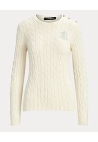 Lauren Ralph Lauren - LAUREN BY RALPH LAUREN - Bawełniany sweter z monogramem. Kolor: biały. Materiał: bawełna. Długość rękawa: długi rękaw. Długość: długie. Wzór: ze splotem, prążki, aplikacja