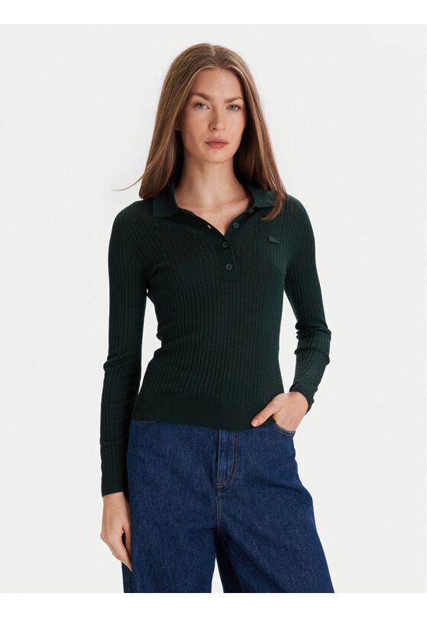 Lacoste Sweter AF4006 Zielony Slim Fit. Kolor: zielony. Materiał: wełna