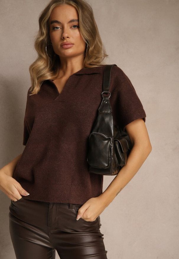 Renee - Brązowy Sweter z Wełną z Krótkim Rękawem i Dekoltem V z Kołnierzem Tevirna. Kolor: brązowy. Materiał: wełna. Długość rękawa: krótki rękaw. Długość: krótkie