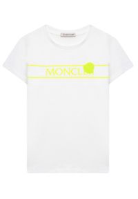 MONCLER KIDS - Biały t-shirt z neonowym nadrukiem 6-14 lat. Okazja: na co dzień. Kolor: biały. Materiał: jeans. Wzór: nadruk. Sezon: lato. Styl: casual
