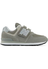 Buty New Balance PV574EVG – szare. Okazja: na co dzień. Zapięcie: rzepy. Kolor: szary. Materiał: guma, zamsz, skóra, materiał, syntetyk. Szerokość cholewki: normalna. Model: New Balance 574. Sport: turystyka piesza