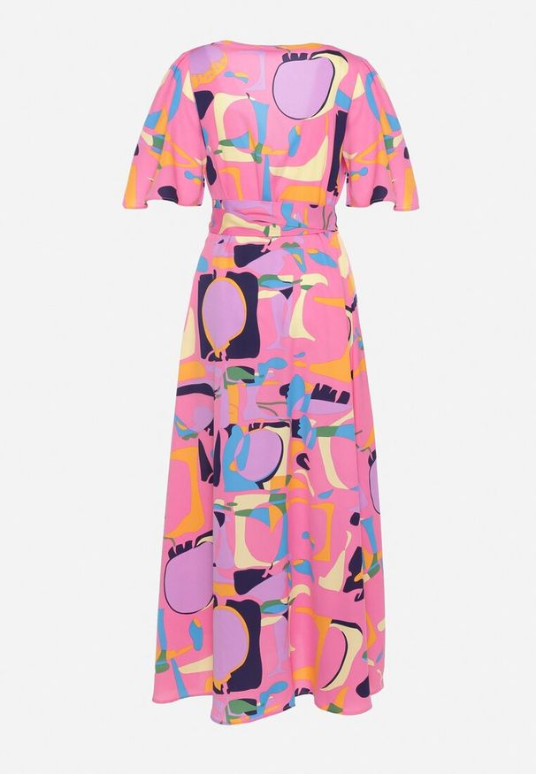 Born2be - Różowa Sukienka Kopertowa z Dekoltem w Serek Wiązana w Pasie Lumolia. Okazja: na co dzień. Typ kołnierza: dekolt w serek. Kolor: różowy. Materiał: jeans. Typ sukienki: kopertowe. Styl: wizytowy, casual