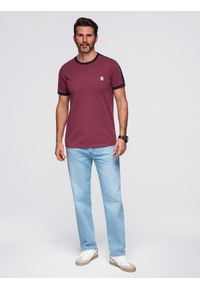 Ombre Clothing - T-shirt męski z kontrastowymi lampasami – bordowy V2 - Rozmiar: L. Okazja: na co dzień. Kolor: czerwony. Materiał: materiał, jersey, poliester, bawełna. Wzór: melanż, aplikacja. Styl: klasyczny, sportowy, casual #3