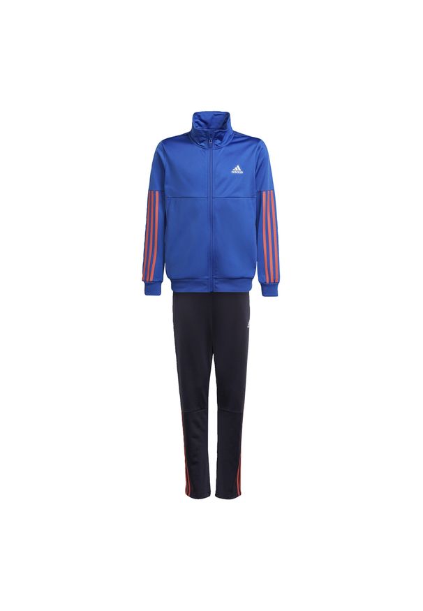 Adidas - Dziecięcy dres adidas 3-Stripes Team. Kolor: pomarańczowy, wielokolorowy, niebieski. Materiał: dresówka. Wzór: paski