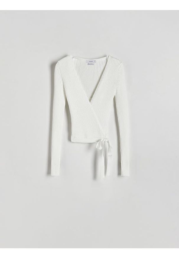 Reserved - Sweter z wiązaniem - złamana biel. Materiał: dzianina, prążkowany
