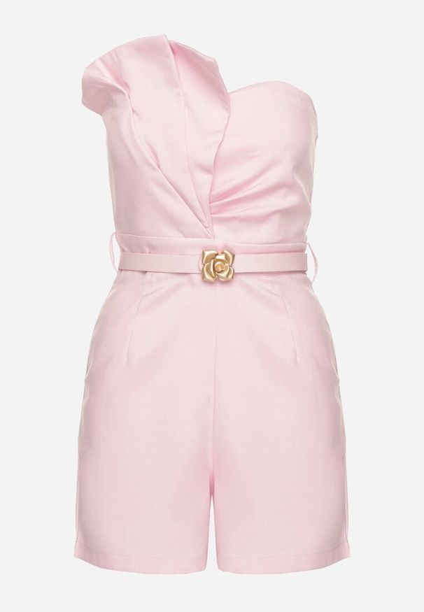 Born2be - Różowy Kombinezon Bez Rękawów Zdobiony Zakładkami i Paskiem z Klamrą Silurea. Okazja: na co dzień. Kolor: różowy. Długość rękawa: bez rękawów. Wzór: aplikacja. Styl: casual, elegancki