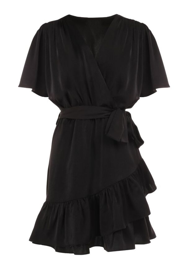 Born2be - Czarna Sukienka Pereira. Typ kołnierza: dekolt w serek. Kolor: czarny. Materiał: materiał, tkanina. Wzór: aplikacja, gładki. Typ sukienki: kopertowe. Długość: mini