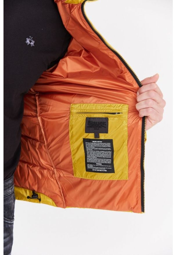 Blauer USA - BLAUER Żółta męska puchowa kurtka Sergio z kapturem, Rozmiar XL. Typ kołnierza: kaptur. Kolor: żółty. Materiał: puch